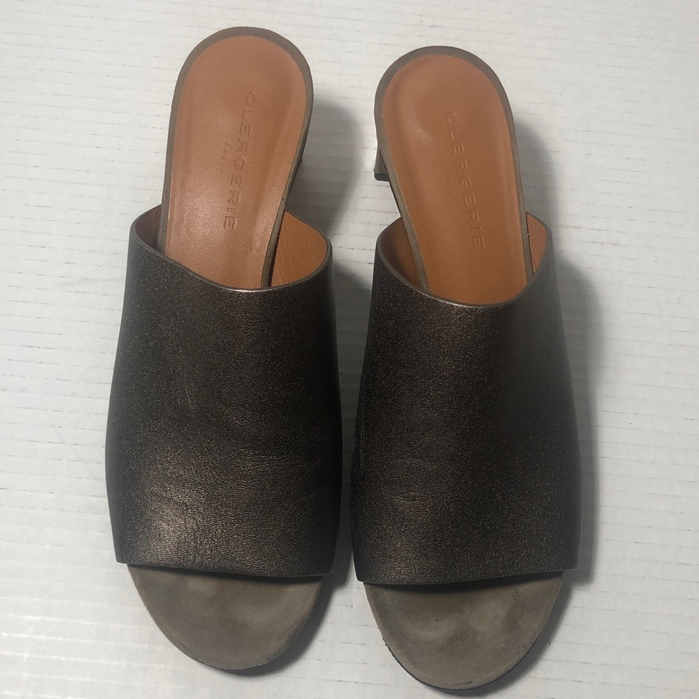 CLERGERIE Paris Metallic Lea Mules Heels Sandals Slip On Women’s Size 39/US 8.5